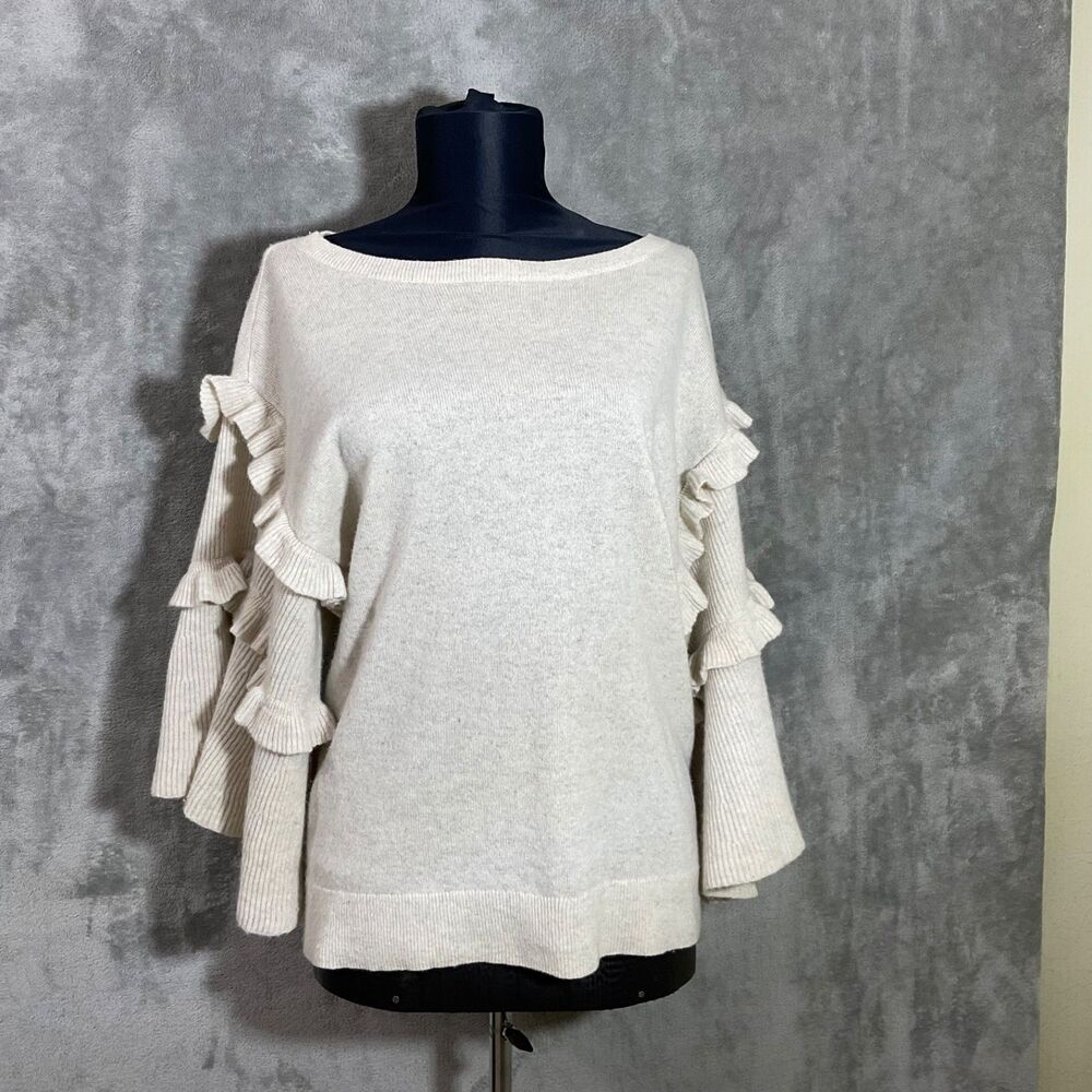 Club Monaco Women’s Cashmere Sweater Top Ruffle Bell Sleeve Size M beige